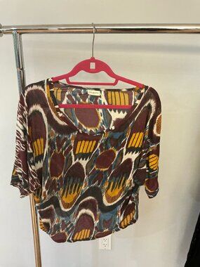 Dries Van Noten Abstract Ikat Print Top Burgundy Mustard Large